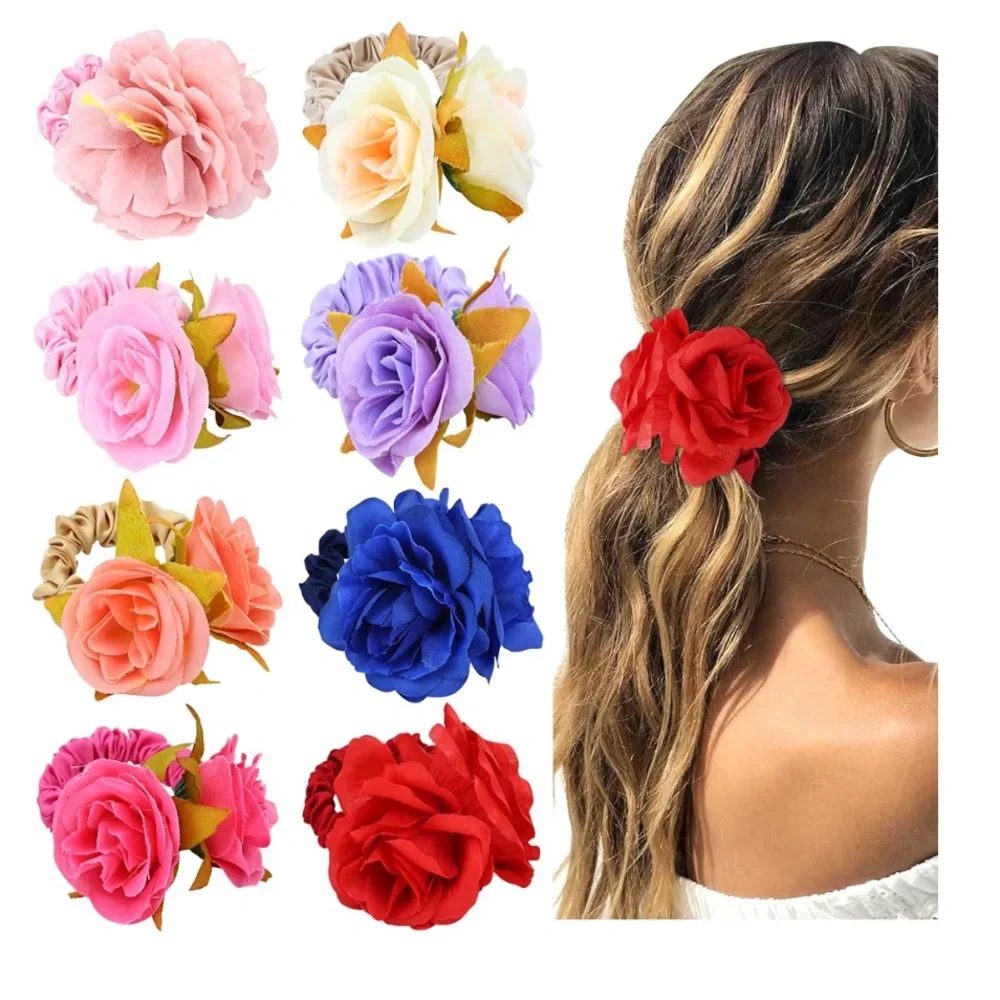 🆕 8 Pack Colorful Rose Flower Floral Hair Bands Elastics Bands Scrunchies